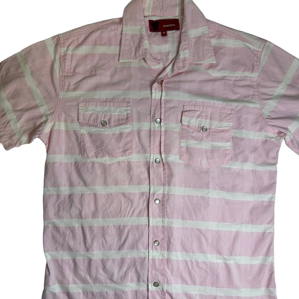 Bokura Jeans‎ Button Down Short Sleeve Shirt Size M Pink Striped
